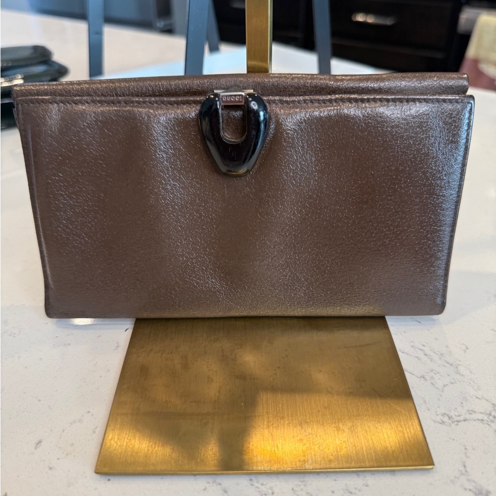 Gucci EUC All Leather Wallet with Beige/Tan Canvas Dust Bag in Box